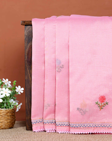 Elegant Hand Embroidered Kantha Work Saree with Delicate Floral Motif and Embroidered Border - Pink