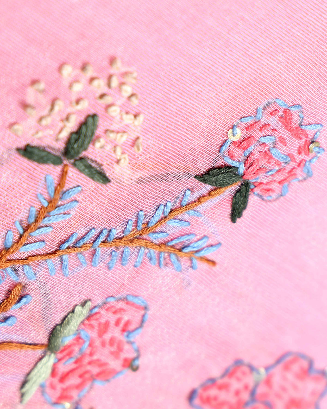 Elegant Hand Embroidered Kantha Work Saree with Delicate Floral Motif and Embroidered Border - Pink
