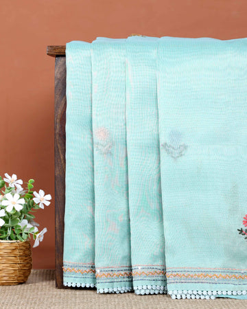 Elegant Hand Embroidered Kantha Work Saree with Delicate Floral Motif and Embroidered Border - Sky Blue