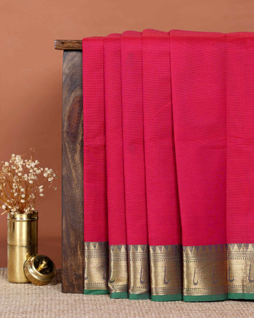 Elegant Handloom Chettinad Cotton Saree with Traditional Contrast Border and Subtle Motifs - Dark Pink
