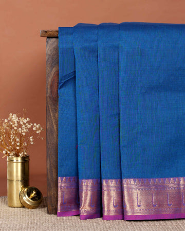 Elegant Handloom Chettinad Cotton Saree with Traditional Contrast Border and Subtle Motifs - Blue