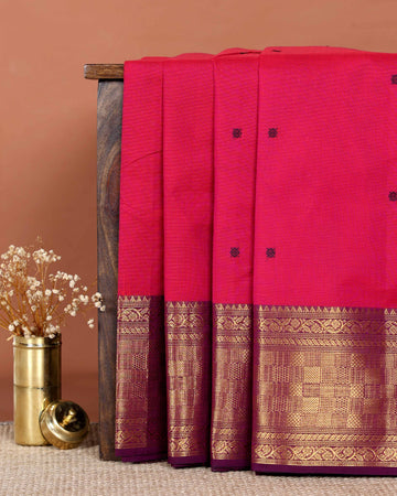 Elegant Handloom Chettinad Cotton Saree with Traditional Zari Border and Subtle Motifs - Dark Pink