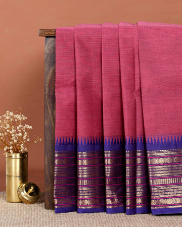 Handloom Chettinad Cotton Saree with Striped Body and Temple Border & Zari Motifs - Onion Pink