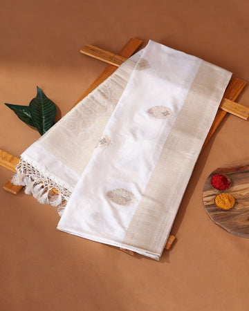 Semi Banarasi Silk Saree with Intricate Floral Buta Motifs and Woven Zari Brocade Border & Pallu - White