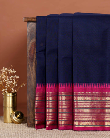 Handloom Chettinad Cotton Saree with Striped Body and Temple Border & Zari Motifs - Navy Blue