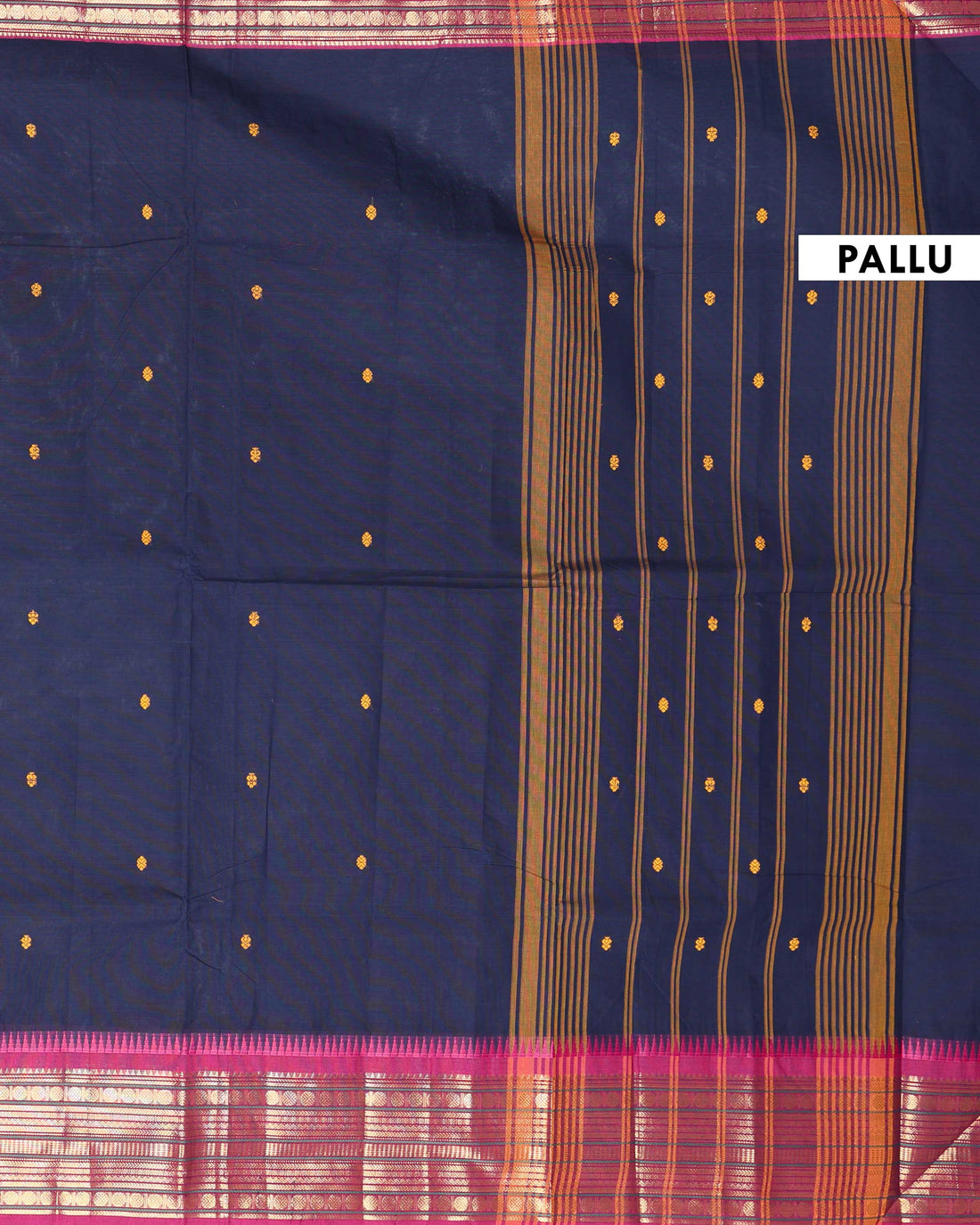 Handloom Chettinad Cotton Saree with Striped Body and Temple Border & Zari Motifs - Navy Blue