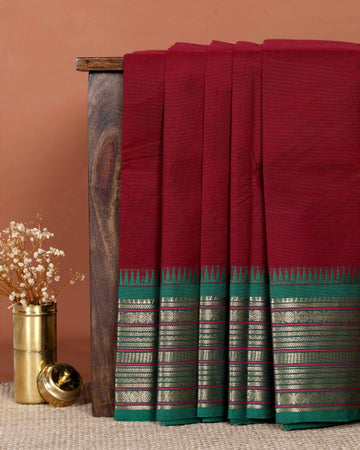 Handloom Chettinad Cotton Saree with Striped Body and Temple Border & Zari Motifs - Maroon