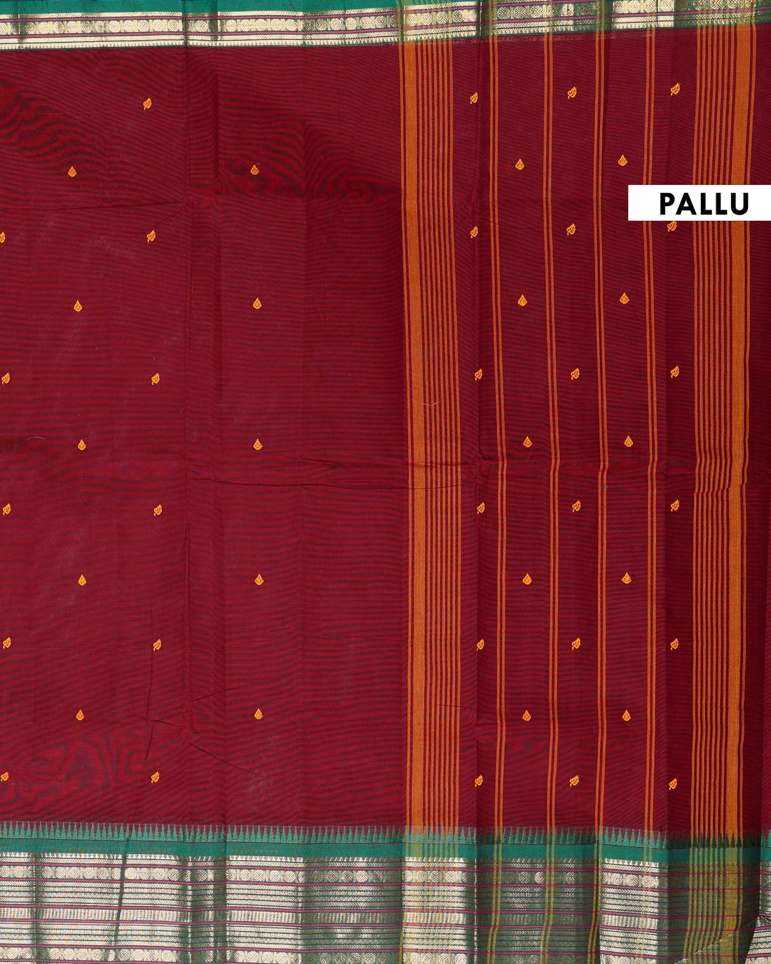 Handloom Chettinad Cotton Saree with Striped Body and Temple Border & Zari Motifs - Maroon