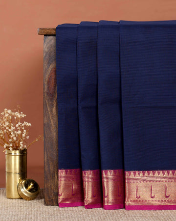 Elegant Handloom Chettinad Cotton Saree with Traditional Contrast Border and Subtle Motifs - Navy Blue