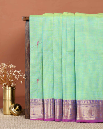 Elegant Handloom Chettinad Cotton Saree with Traditional Contrast Border and Subtle Motifs - Light Green