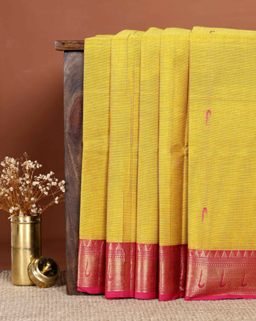 Elegant Handloom Chettinad Cotton Saree with Traditional Contrast Border and Subtle Motifs - Yellow