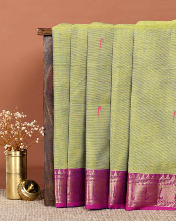 Elegant Handloom Chettinad Cotton Saree with Traditional Contrast Border and Subtle Motifs - Olive Green