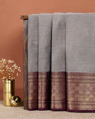 Elegant Handloom Chettinad Cotton Saree with Traditional Zari Border - Grey