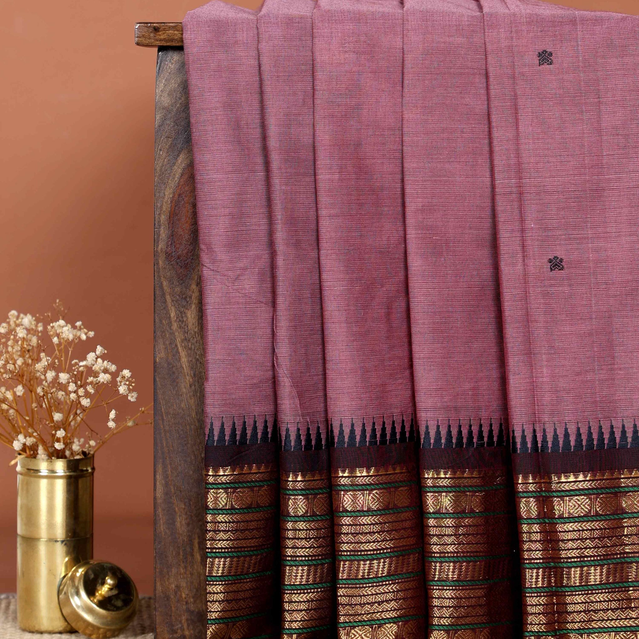 Traditional Chettinad Cotton Saree with Striped Body and Temple Border & Zari Motifs - Onion Pink