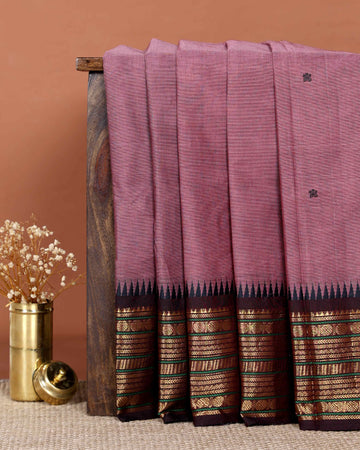Traditional Chettinad Cotton Saree with Striped Body and Temple Border & Zari Motifs - Onion Pink