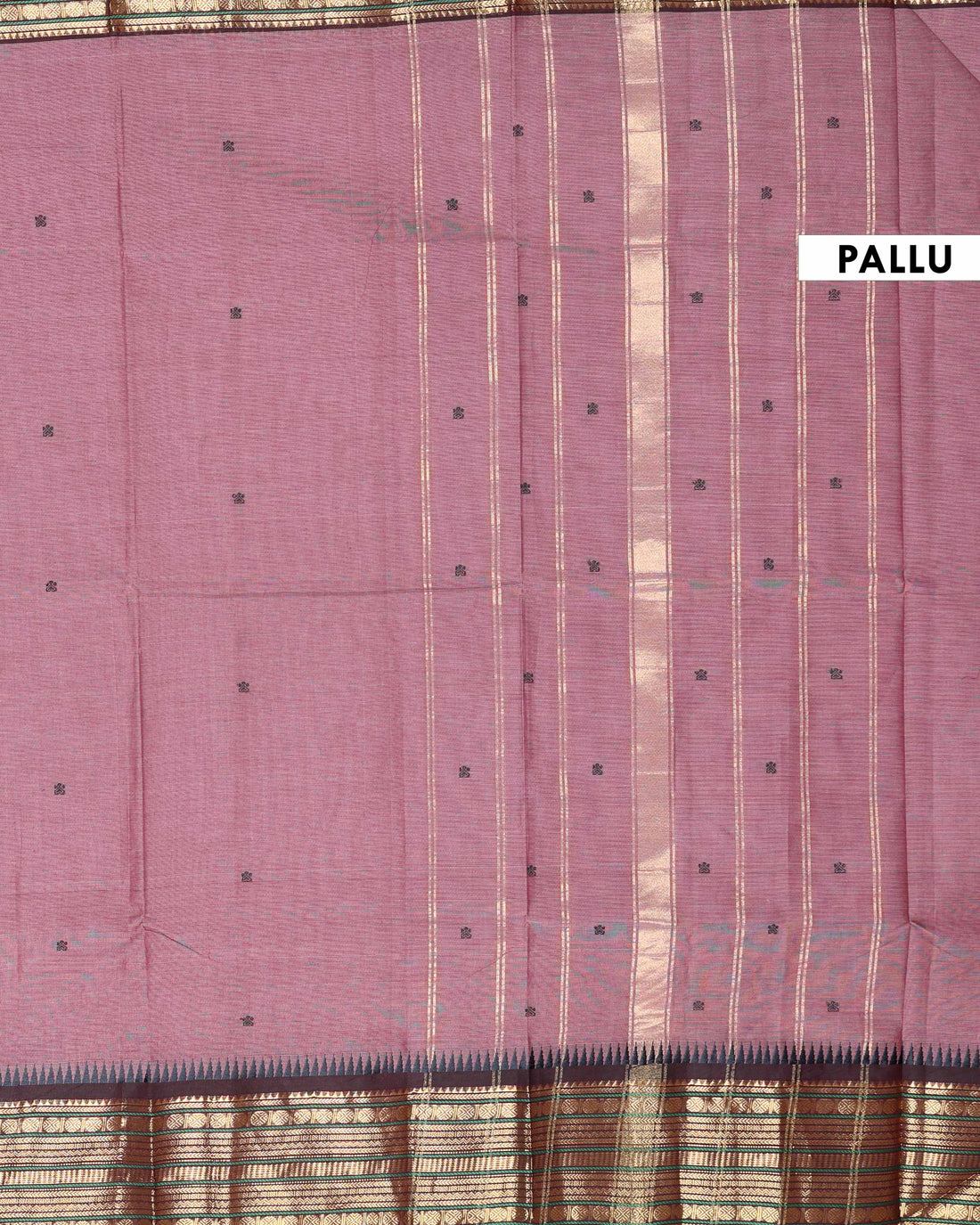 Traditional Chettinad Cotton Saree with Striped Body and Temple Border & Zari Motifs - Onion Pink