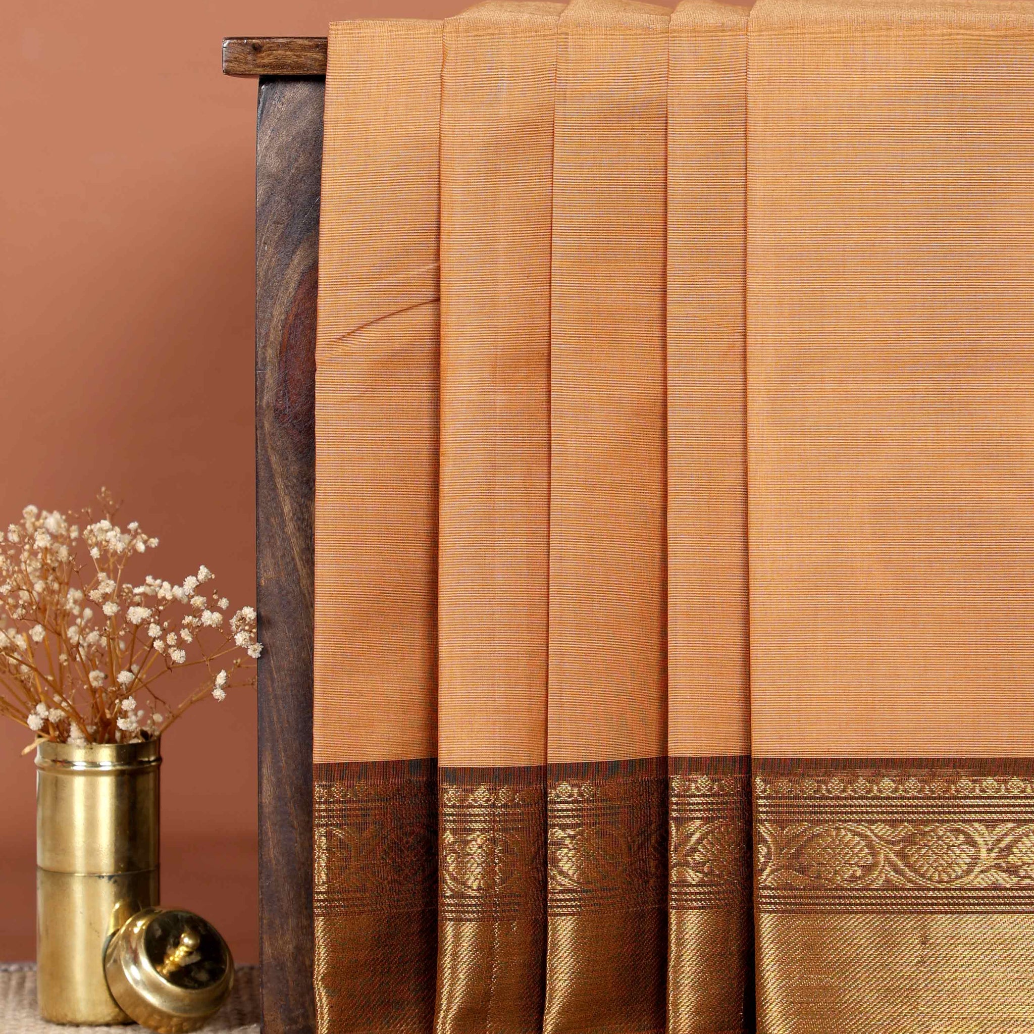 Elegant Handloom Chettinad Cotton Saree with Traditional Zari Border and Subtle Woven Patterns - Light Brown