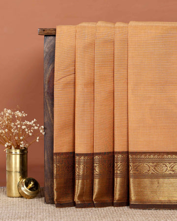 Elegant Handloom Chettinad Cotton Saree with Traditional Zari Border and Subtle Woven Patterns - Light Brown