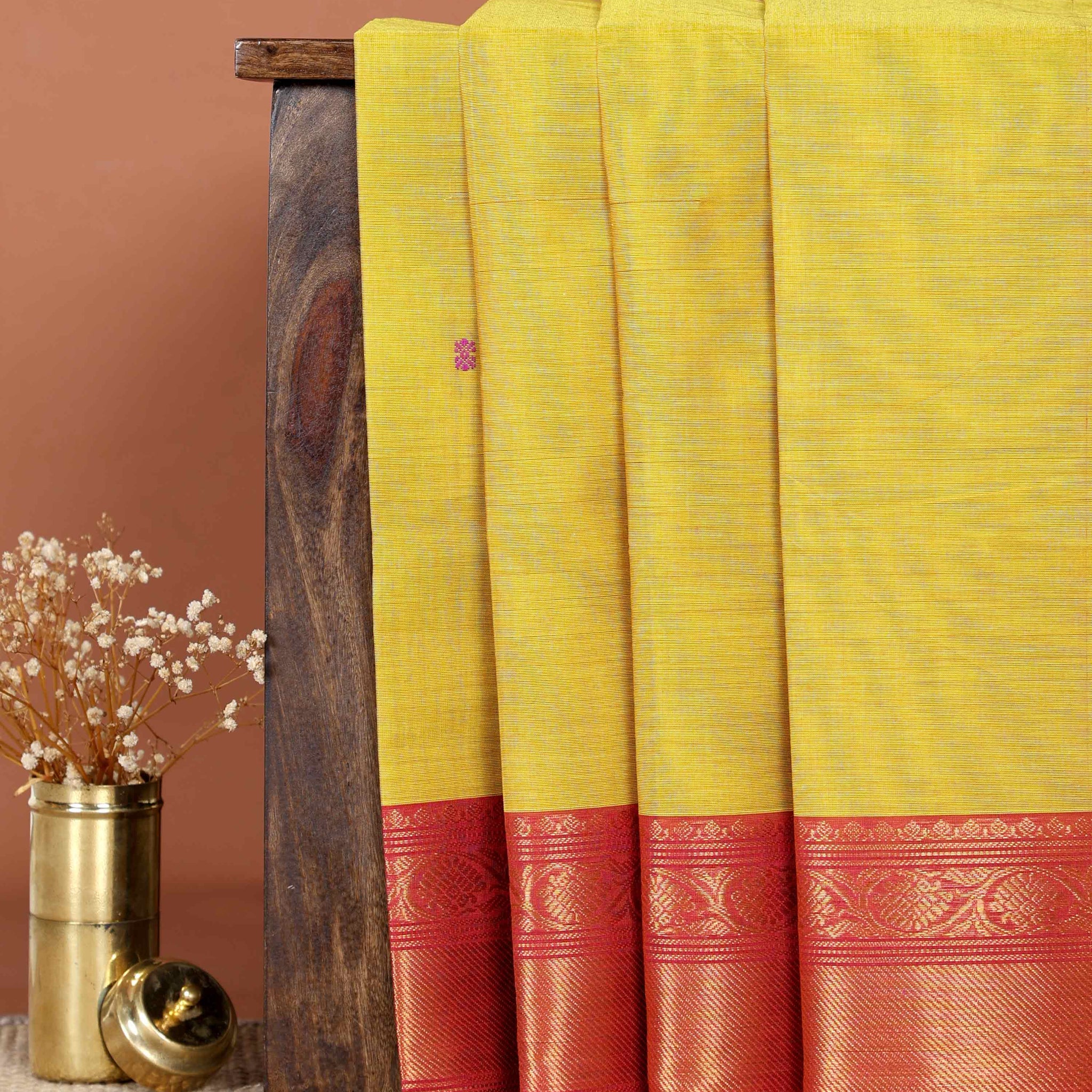 Elegant Handloom Chettinad Cotton Saree with Traditional Zari Border and Subtle Woven Patterns - Yellow