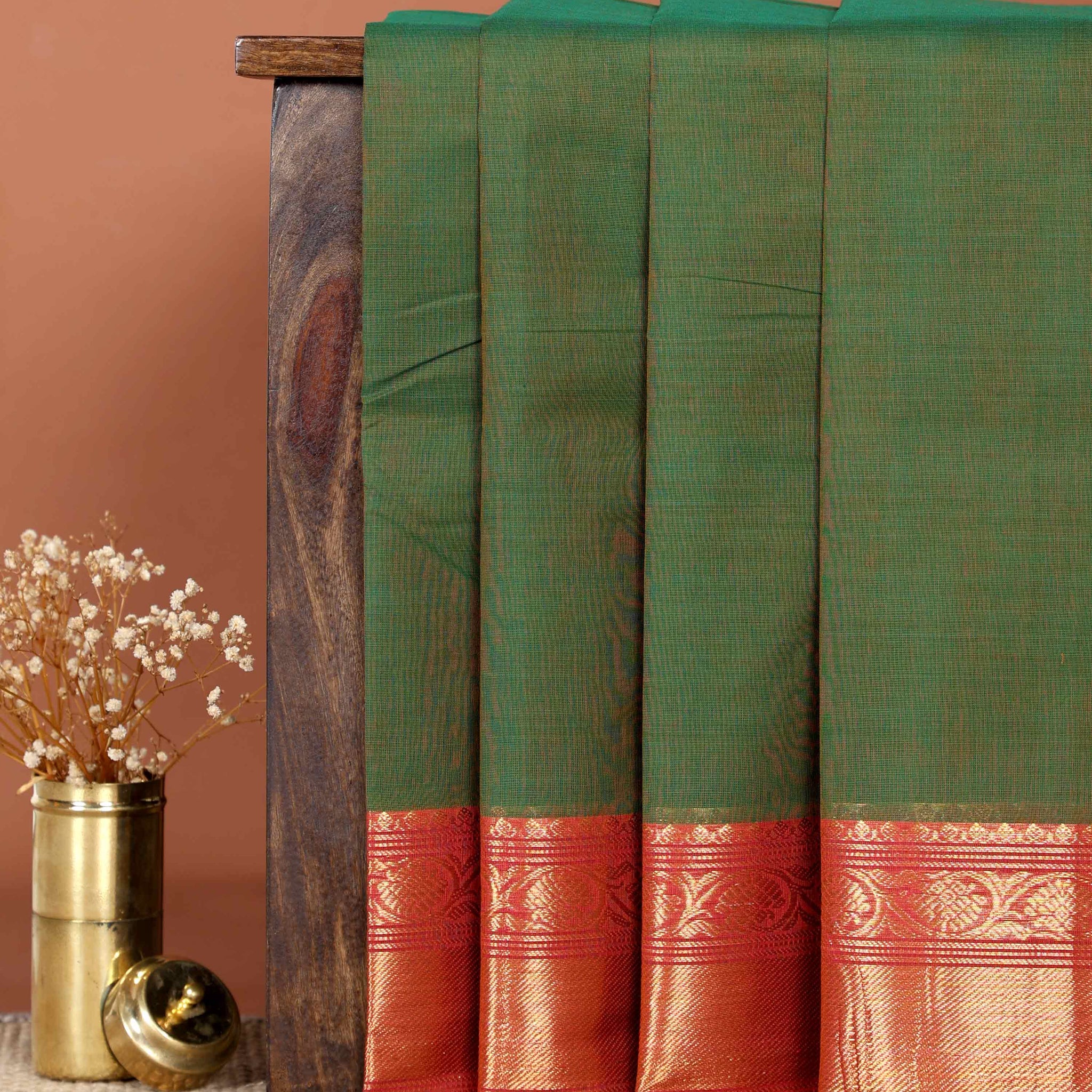 Elegant Handloom Chettinad Cotton Saree with Traditional Zari Border and Subtle Woven Patterns - Dark Green