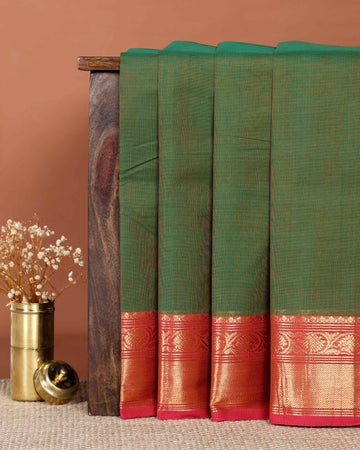 Elegant Handloom Chettinad Cotton Saree with Traditional Zari Border and Subtle Woven Patterns - Dark Green