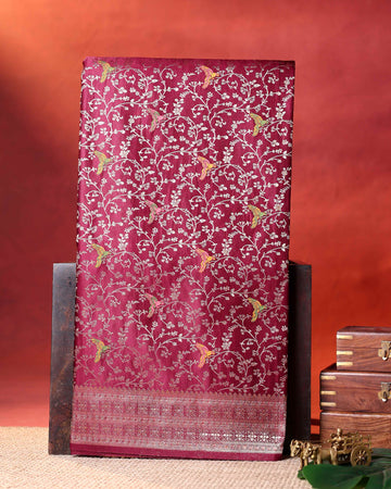 Elegant Banarasi Semi Silk Saree with Intricate Floral Motifs and Zari Woven Border  - Burgundy