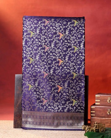 Elegant Banarasi Semi Silk Saree with Intricate Floral Motifs and Zari Woven Border  - Purple