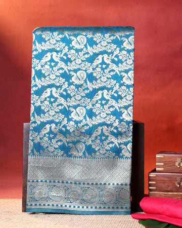 Elegant Banarasi Semi Silk Saree with Intricate Floral Motifs and Rich Zari Woven Border - Blue