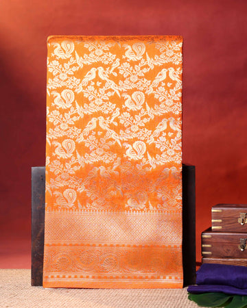 Elegant Banarasi Semi Silk Saree with Intricate Floral Motifs and Rich Zari Woven Border - Orange