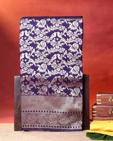 Elegant Banarasi Semi Silk Saree with Intricate Floral Motifs and Rich Zari Woven Border - Dark Purple