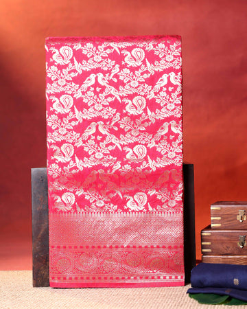 Elegant Banarasi Semi Silk Saree with Intricate Floral Motifs and Rich Zari Woven Border - Pink