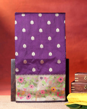 Elegant Banarasi Semi Silk Saree with Butta Motifs Floral Zari Woven Border and Traditional Contrast Pallu Design - Purple