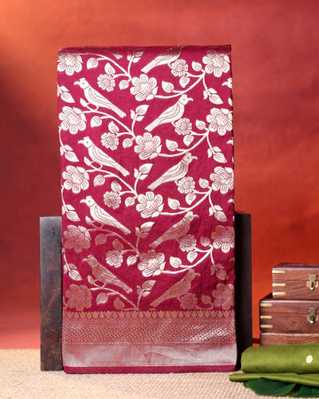 Elegant Banarasi Semi Silk Saree with Intricate Floral Motifs &  Zari Woven Border - Maroon