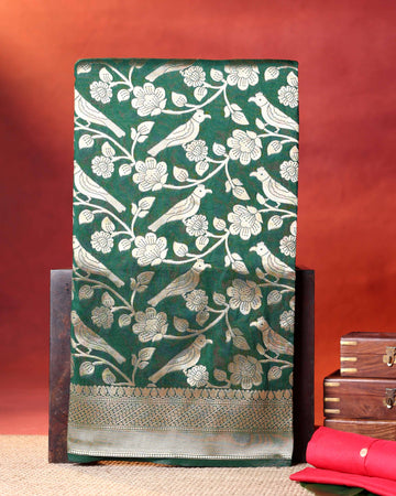 Elegant Banarasi Semi Silk Saree with Intricate Floral Motifs &  Zari Woven Border - Green