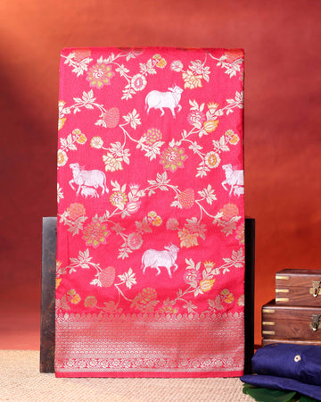 Traditioanl Banarasi Semi Silk Saree with Intricate Floral Motifs &  Zari Woven Border - Pink