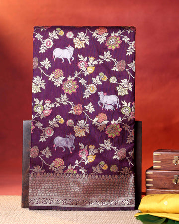Traditioanl Banarasi Semi Silk Saree with Intricate Floral Motifs &  Zari Woven Border - Purple