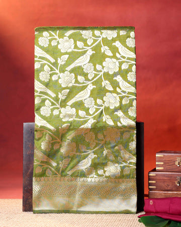 Traditioanl Banarasi Semi Silk Saree with Intricate Floral Motifs &  Zari Woven Border - Green
