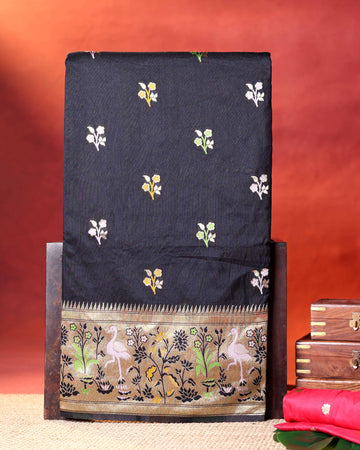 Traditional Banarasi Semi Silk Saree with Intricate Floral Zari Woven Border and Scattered Butti Motifs - Black
