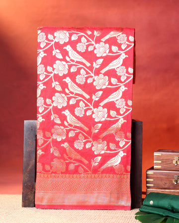 Traditioanl Banarasi Semi Silk Saree with Intricate Floral Motifs & Zari Woven Border - Red