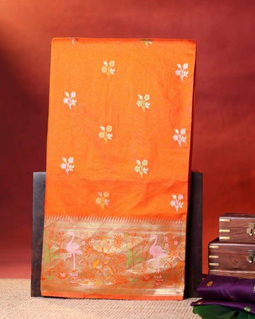 Traditional Banarasi Semi Silk Saree with Intricate Floral Zari Woven Border and Scattered Butti Motifs - Orange