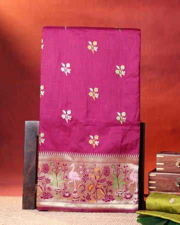Traditional Banarasi Semi Silk Saree with Intricate Floral Zari Woven Border and Scattered Butti Motifs - Purple