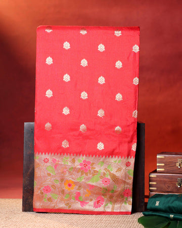 Elegant Banarasi Semi Silk Saree with Butta Motifs Floral Zari Woven Border and Traditional Contrast Pallu Design - Red