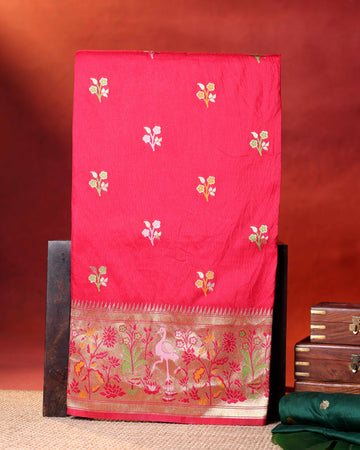 Elegant Banarasi Semi Silk Saree with Butta Motifs Floral Zari Woven Border and Traditional Contrast Pallu Design - Pink