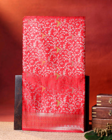 Elegant Banarasi Semi Silk Saree with Intricate Floral Motifs and Zari Woven Border - Red