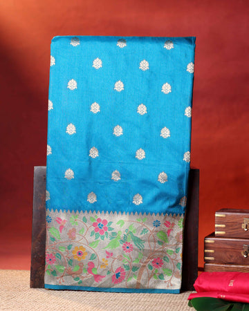 Elegant Banarasi Semi Silk Saree with Butta Motifs Floral Zari Woven Border and Traditional Contrast Pallu Design - Blue