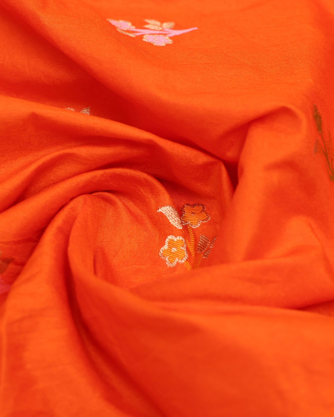 Traditional Banarasi Semi Silk Saree with Intricate Floral Zari Woven Border and Scattered Butti Motifs - Orange