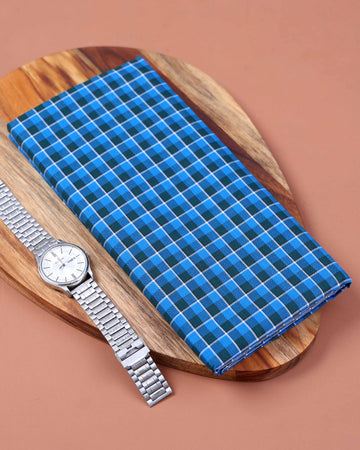 999 Brand Men's Premium Cotton Checked 2.10 Meter Stitched Lungi - Blue