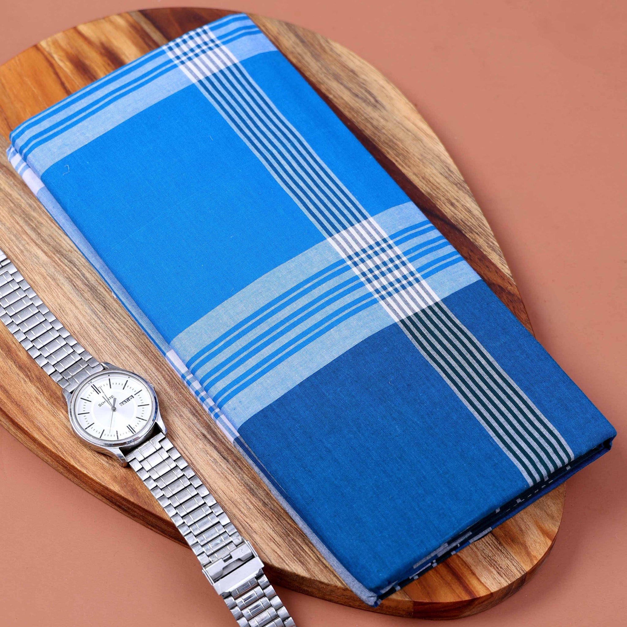 999 Brand Men's Premium Cotton Checked 2.10 Meter Stitched Lungi - Blue