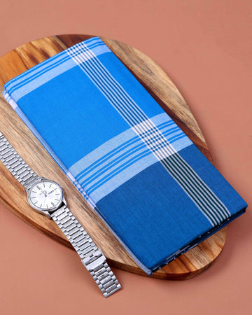 999 Brand Men's Premium Cotton Checked 2.10 Meter Stitched Lungi - Blue