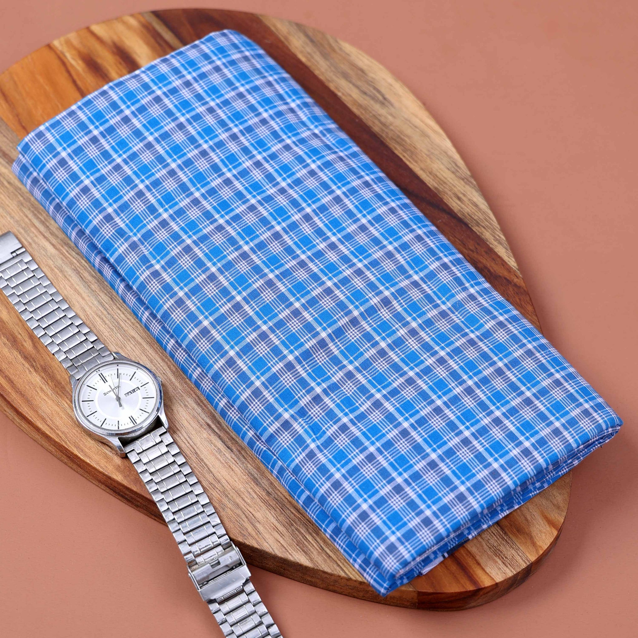 999 Brand Men's Premium Cotton Checked 2.10 Meter Stitched Lungi - Blue